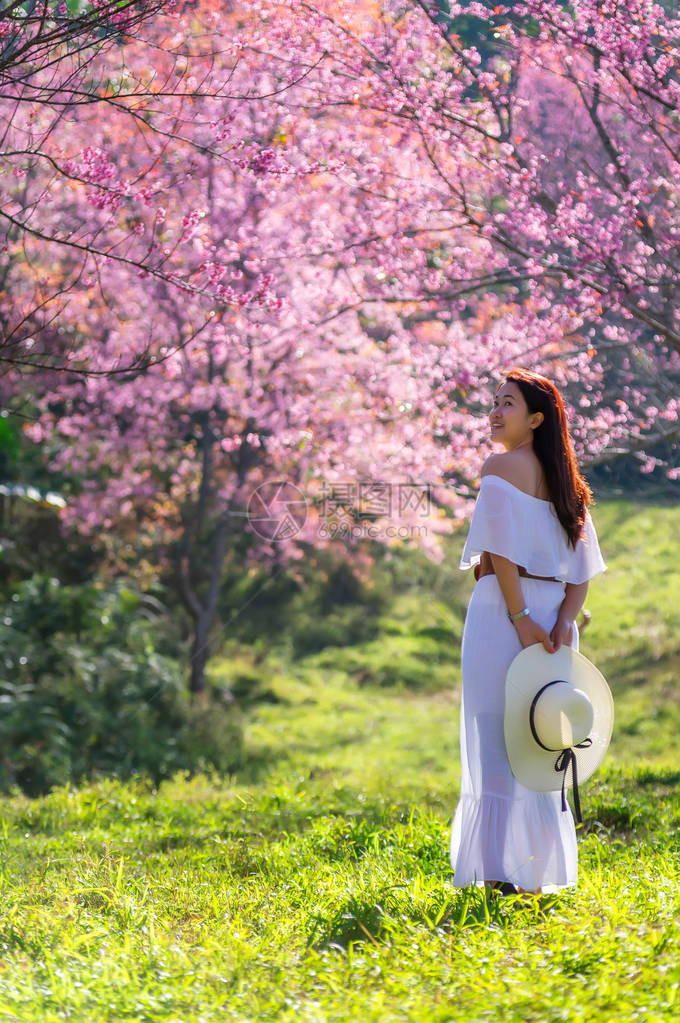 快乐的女游客在喜马拉雅樱花节的喜马拉雅樱花节放松身心图片