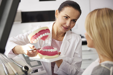 向病人展示人造假牙的微笑牙医图片