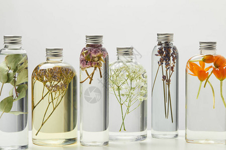 以透明瓶装含有草药的瓶子和在灰色上隔绝的鲜花中的不同图片