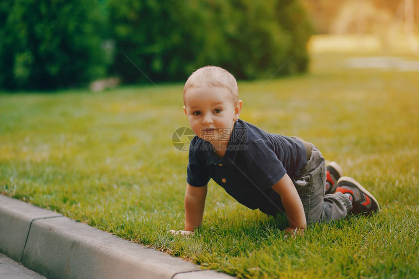 一个小男孩在夏日阳光明媚的公图片
