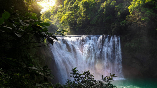 森林内天然瀑布的美丽景色图片