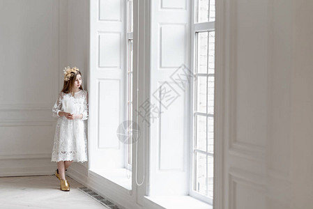 小女孩用金色的发夹做头发和金色的原鞋靠近大窗户的图片