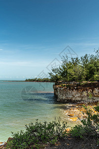 东点海岸线的细节显示棕色黄色和深色的岩石悬崖背景图片