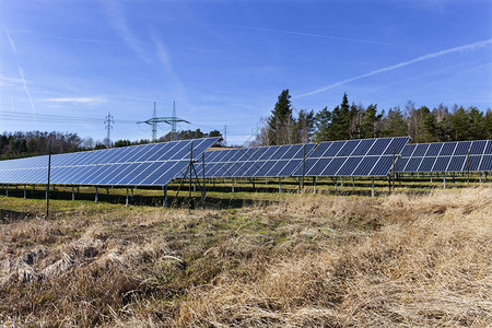 早春草甸上的太阳能发电站图片