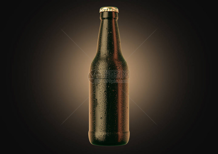 一个棕色的琥珀啤酒瓶覆盖在水面和凝结液滴上在孤立的黑暗工作室背景图片