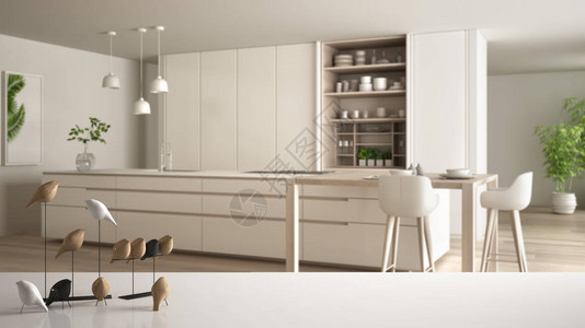 在模糊的现代白色和木制厨房岛屿和凳子现代室内图片