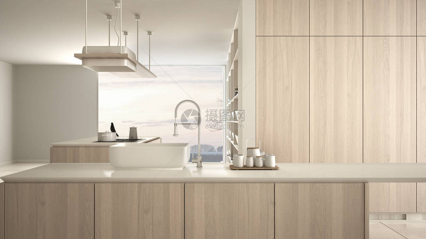 极简主义豪华昂贵的白色和木制厨房岛屿水槽和燃气灶开放空间全景窗户大理石陶瓷地板现代室内图片