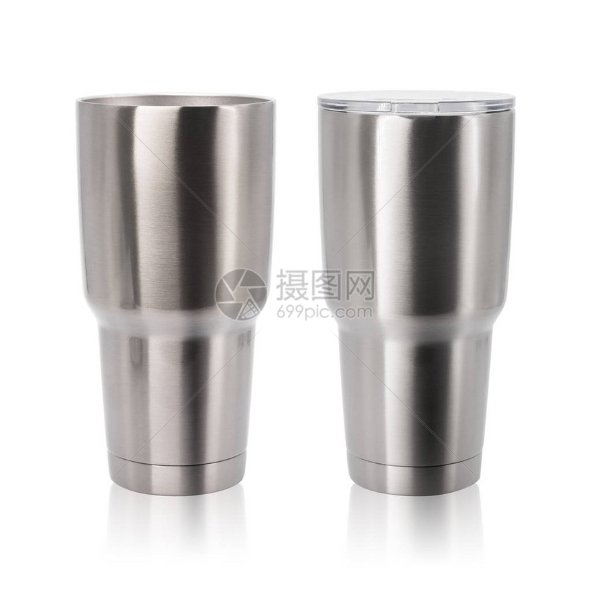 孤立在白色背景上的钢杯用于保持温度的大水瓶您设计的大不锈钢杯图片
