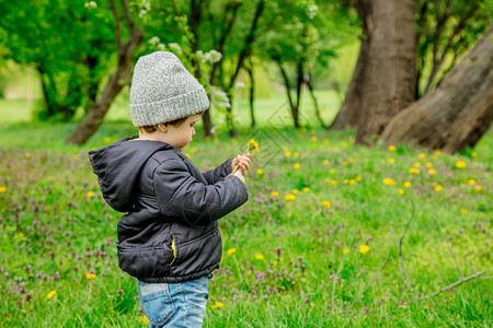 穿着夹克和帽子的小孩男孩在春假公园图片