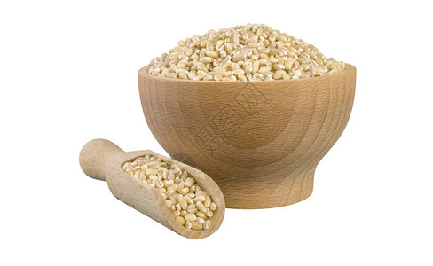 木碗里的珍珠大麦和白底的独家小便营养生物天然食图片