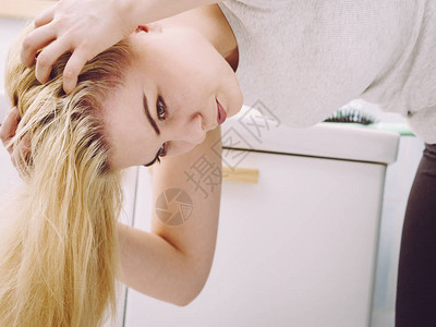 金发女郎在浴室里有油腻的头发问题女显示头皮抓挠自己脱发图片