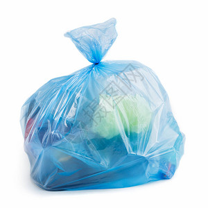 蓝色塑料袋装满白色背景的垃图片