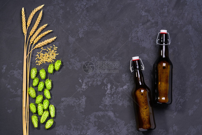 啤酒加新鲜绿色的啤酒和黑色背景的麦芽酒手工图片