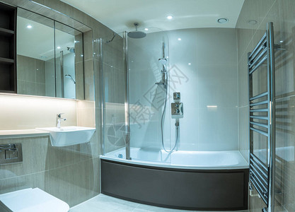 在公寓或有浴室淋浴毛巾栏水槽和镜子柜的公寓中图片