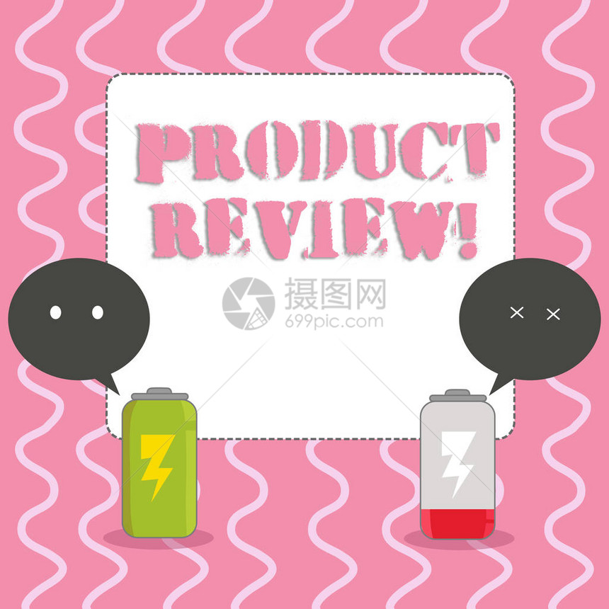 显示产品评论的文本符号商业照片展示客户对他们购买的带有两个彩色表情符号语音气泡的充满电和放电的池的产品进图片