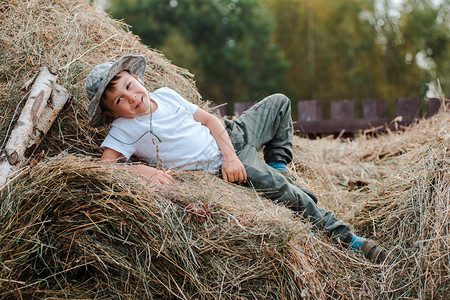小男孩坐在村子里一个大干草堆的高处农夫的孩子孩子们在村里的暑假牛青图片