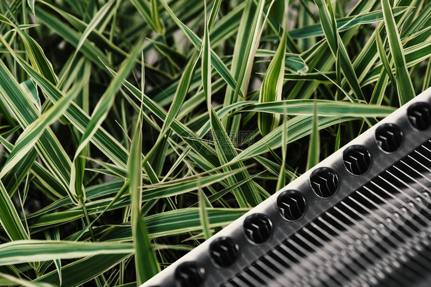铁细节背景上的草自然与技术相互作图片