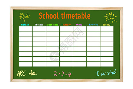 绿色板木每周学校时间表和孩子手图片