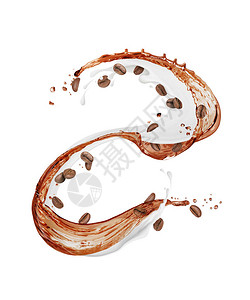 白底孤立的咖啡豆牛奶和咖啡喷洒水以图片