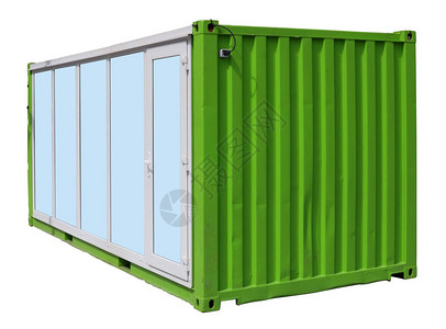 由绿色金属海运货物集装箱制成的外门货亭图片