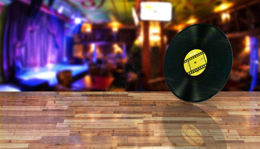 在木地板3d上反映的酒吧背景和木地板上的乙烯图片