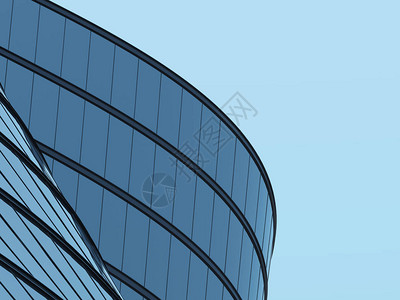 蓝天背景下高层曲线玻璃建筑和暗钢窗系统的3D刺激图片