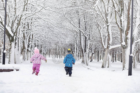 白雪覆盖的冬季公园和长椅公园和码头喂子和鸽子一家人在雪地里散步图片