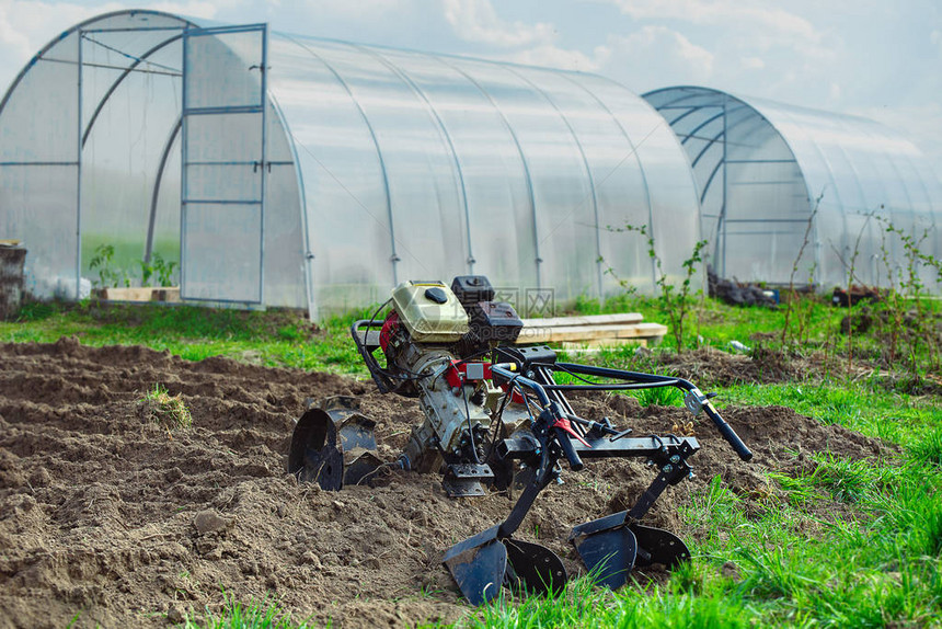 种植田地深度小的蔬菜温室背景上的汽油栽培器图片