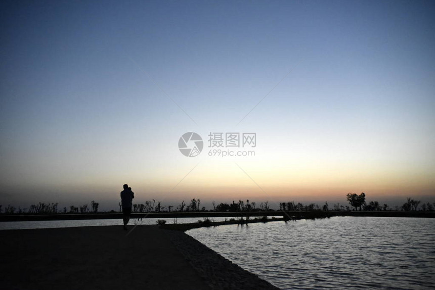 AlQudra爱湖日落时在阿拉伯联合酋长国迪拜AlQudra爱湖的Silhouette图片