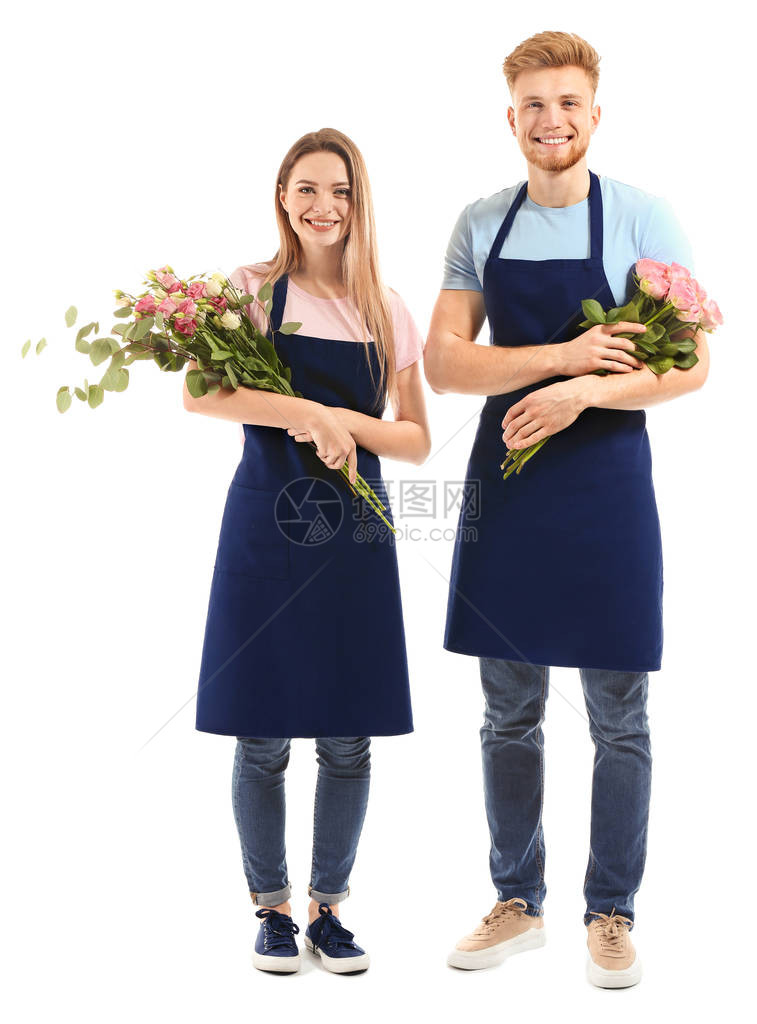 白色背景上的男和女花店图片