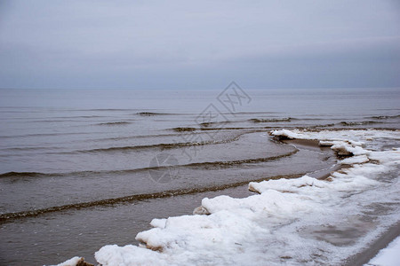 严冬寒冷冰的海边滩雪图片