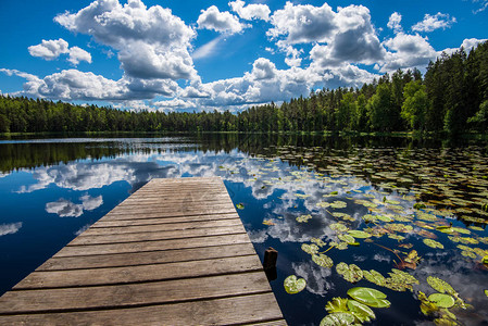 木板栈道木板路蹦床在湖中与蓝色的水在夏天图片