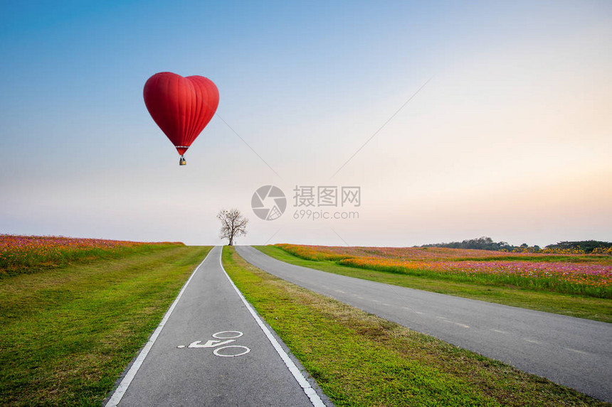 红热空气球以心脏的形状在日图片