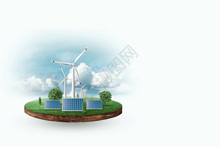 背景中地平线前的太阳能电池板和风力涡轮机生态绿色城市主题环境可持图片