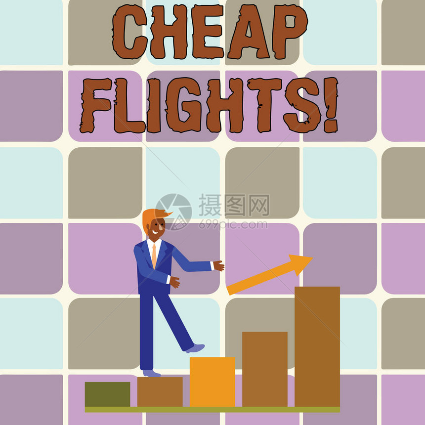 手写文字书写廉价航班概念照片花费很少或低于通常或预期的机票价格微笑商人跟随箭头向上攀图片