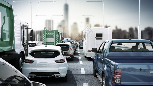 交通堵塞的高速公路上的汽车3D图片