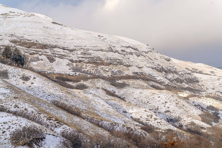 盐湖城多云的天空下的雪山图片