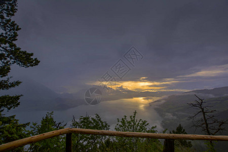 位于瑞士阿尔卑斯山森林覆盖的山坡上的图恩湖日落在一个云雾天图片