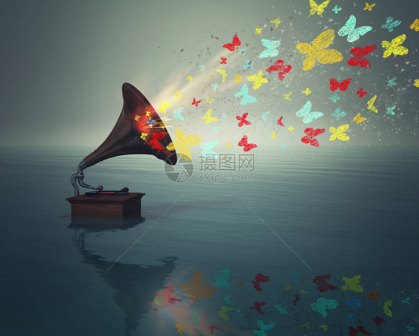 有蝴蝶在水中的古董留声机音乐播放器图片
