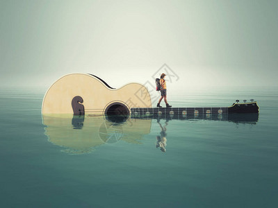 在水中走在原声吉他指板上的女人图片