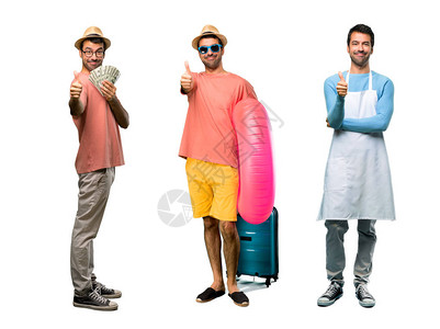 一群有账单的男人厨师和戴着帽子和太阳镜的男人在暑假竖起大拇指并微笑图片