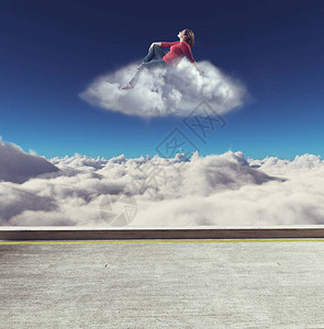 女人坐在云层之上的一朵云上图片