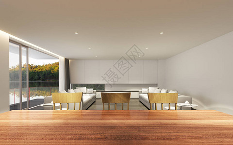 现代豪华客厅的透视与湖景背的木餐桌和白色沙发图片