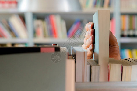 年轻学生从图书馆的书架上挑选一本书图片