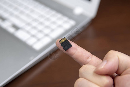 人体手插在个人笔记本电脑的微型图片
