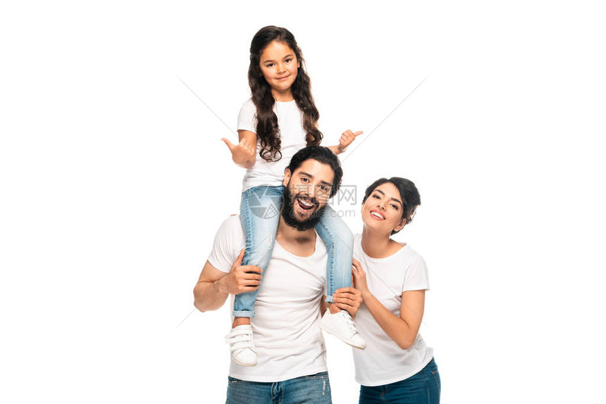 快乐的拉廷父亲肩上抱着可爱的女儿露出手拇指在幸图片