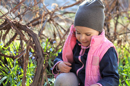 戴着帽子的笑着微笑的小女孩跪在葡萄园中蓝雪滴的花朵中图片