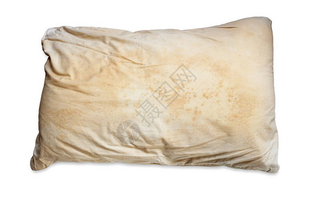 白色背景上隔绝的肮脏枕头是细菌灰尘虫图片