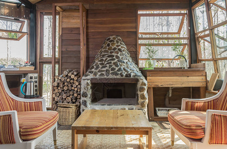 乡村室内设计风格的壁炉和水槽室内设计室包括扶手椅和窗户桌子和木材部分图片