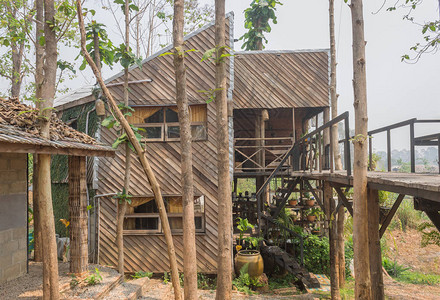 乡村风格侧视图中的木外墙房屋设计天然林间的外屋小山上的图片